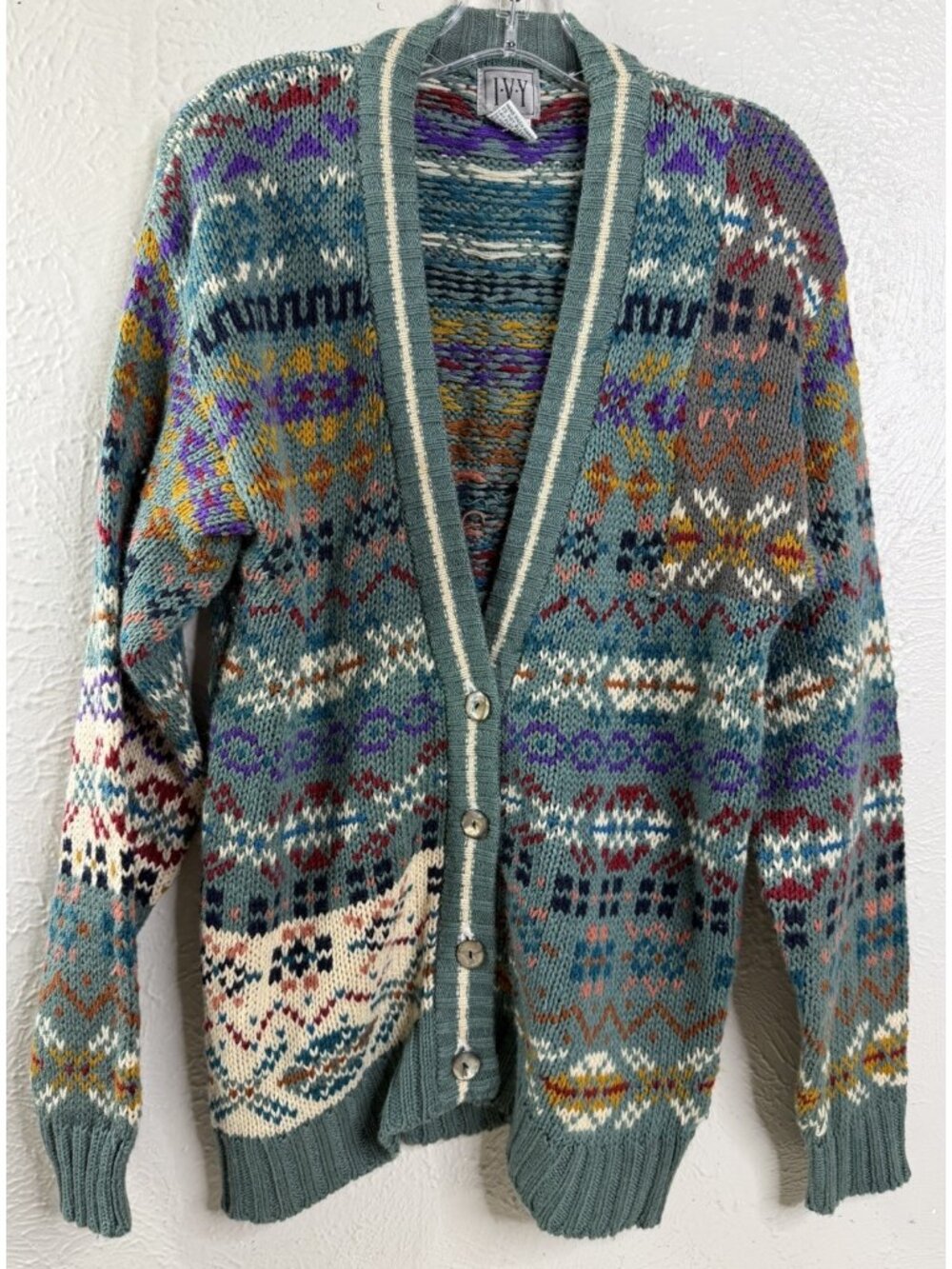 VTG 90s IVY Medium Button Cardigan Multicolor Ramie/Acrylic Fair Isle Soft EUC